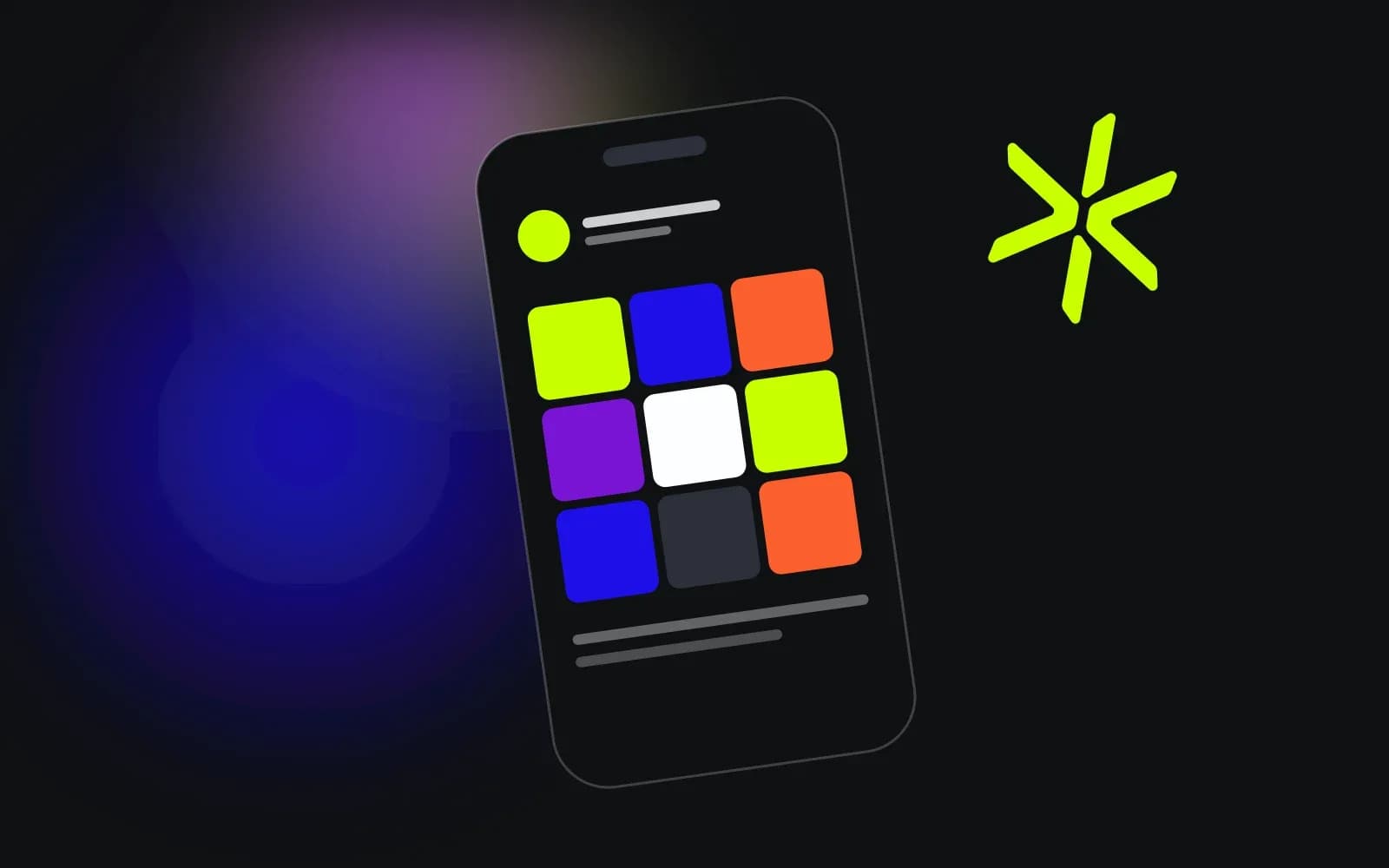 Celular inclinado mostrando uma grade de posts coloridos e o asterisco da marca